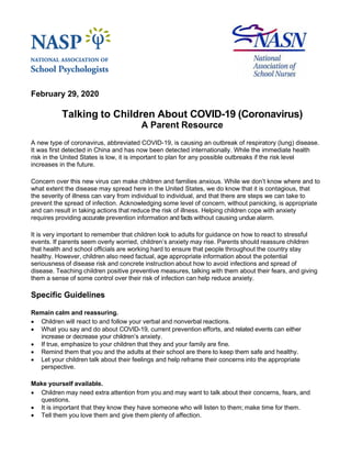 February 29, 2020
Talking to Children About COVID-19 (Coronavirus)
A Parent Resource
A new type of coronavirus, abbreviate...