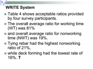 WRITE System
 Table 4 shows acceptable ratios provided
by four survey participants.
 The overall average ratio for working time
(WT) was 81%
 and overall average ratio for nonworking
time (NWT) was 19%.
 Tying rebar had the highest nonworking
ratio of 21%,
 while deck forming had the lowest rate of
16%. T
 