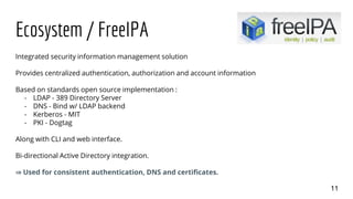Ecosystem / FreeIPA
11
Integrated security information management solution
Provides centralized authentication, authorization and account information
Based on standards open source implementation :
- LDAP - 389 Directory Server
- DNS - Bind w/ LDAP backend
- Kerberos - MIT
- PKI - Dogtag
Along with CLI and web interface.
Bi-directional Active Directory integration.
⇒ Used for consistent authentication, DNS and certificates.
 