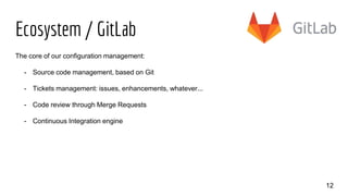 Ecosystem / GitLab
12
The core of our configuration management:
- Source code management, based on Git
- Tickets management: issues, enhancements, whatever...
- Code review through Merge Requests
- Continuous Integration engine
 
