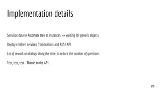 Implementation details
Serialize data in Automate tree as instances ⇒ waiting for generic objects
Deploy children services from buttons and REST API
Lot of rework on dialogs along the time, to reduce the number of questions
Test, test, test… Thanks to the API.
25
 