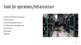Tools for operations/infrastructure
Containerized infrastructure
Orchestration
Policy-based governance
Configuration management
Automation
Packaging
Updates
5
 