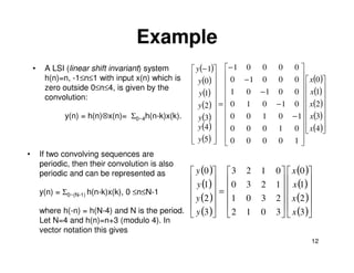 Example
    •    A LSI (linear shift invariant) system      y (− 1) − 1 0 0 0 0 
         h(n)=n, -1≤n≤1 with input x(n) which is    y (0 )   0 − 1 0 0 0   x(0 )
         zero outside 0≤n≤4, is given by the                               
                                                                                      
                                                    y (1)   1 0 − 1 0 0   x(1) 
         convolution:                                       =  0 1 0 − 1 0   x(2 )
                                                    y (2 )                 
                                                                                      
               y(n) = h(n)⊗x(n)= Σ0~4h(n-k)x(k).    y (3)   0 0 1 0 − 1  x(3)
                                                    y (4 )                 
                                                               0 0 0 1 0   x(4 )
                                                                                      
                                                    y (5)   0 0 0 0 1 
                                                                           
•       If two convolving sequences are
        periodic, then their convolution is also
        periodic and can be represented as         y (0 )  3   2   1   0   x (0 )
                                                   y (1)   0   3   2   1   x (1) 
        y(n) = Σ0~(N-1) h(n-k)x(k), 0 ≤n≤N-1             =                       
                                                   y (2 )  1   0   3   2   x (2 )
        where h(-n) = h(N-4) and N is the period.  y (3 )  2
                                                               1   0
                                                                                    
                                                                          3   x (3 )
        Let N=4 and h(n)=n+3 (modulo 4). In
        vector notation this gives
                                                                                      12
 