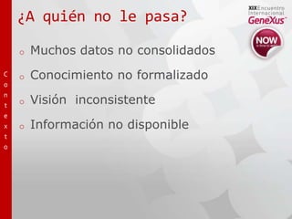 ¿A quién no le pasa?Muchos datos no consolidadosConocimiento no formalizadoVisión  inconsistenteInformación no disponibleContexto