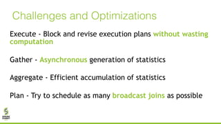 Challenges and Optimizations
Execute - Block and revise execution plans without wasting
computation
Gather - Asynchronous generation of statistics
Aggregate - Efficient accumulation of statistics
Plan - Try to schedule as many broadcast joins as possible
 