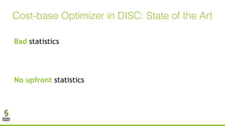 Bad statistics
Adaptive Query planning
RoPe [NSDI 12, VLDB 2013]
No upfront statistics
Pilot runs (samples)
DynO [SIGMOD 2014]
Cost-base Optimizer in DISC: State of the Art
 