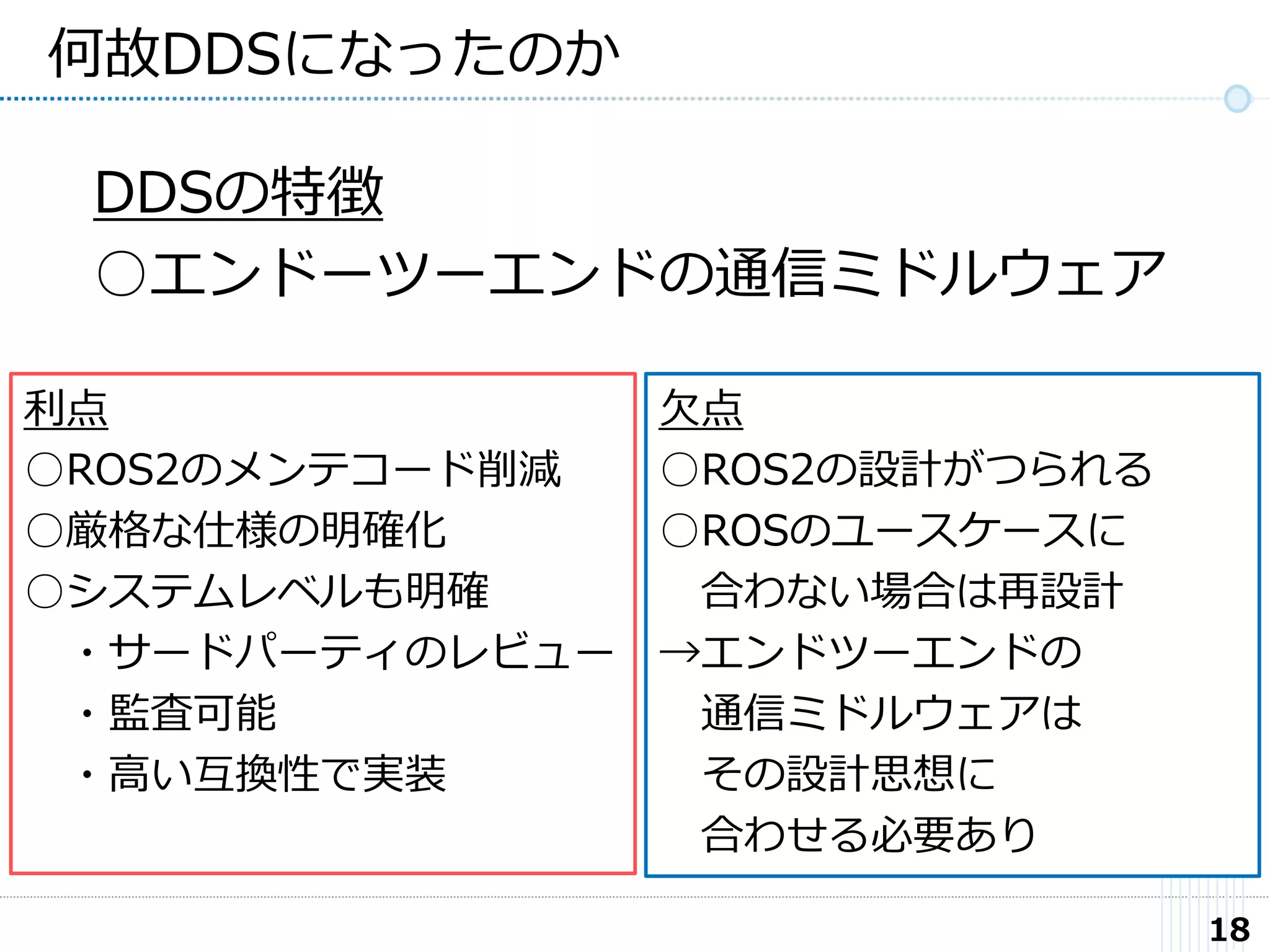 18
何故DDSになったのか
DDSの特徴
○エンドーツーエンドの通信ミドルウェア
利点
○ROS2のメンテコード削減
○厳格な仕様の明確化
○システムレベルも明確
・サードパーティのレビュー
・監査可能
・高い互換性で実装
欠点
○ROS2の設計がつられる
○ROSのユースケースに
合わない場合は再設計
→エンドツーエンドの
通信ミドルウェアは
その設計思想に
合わせる必要あり
 