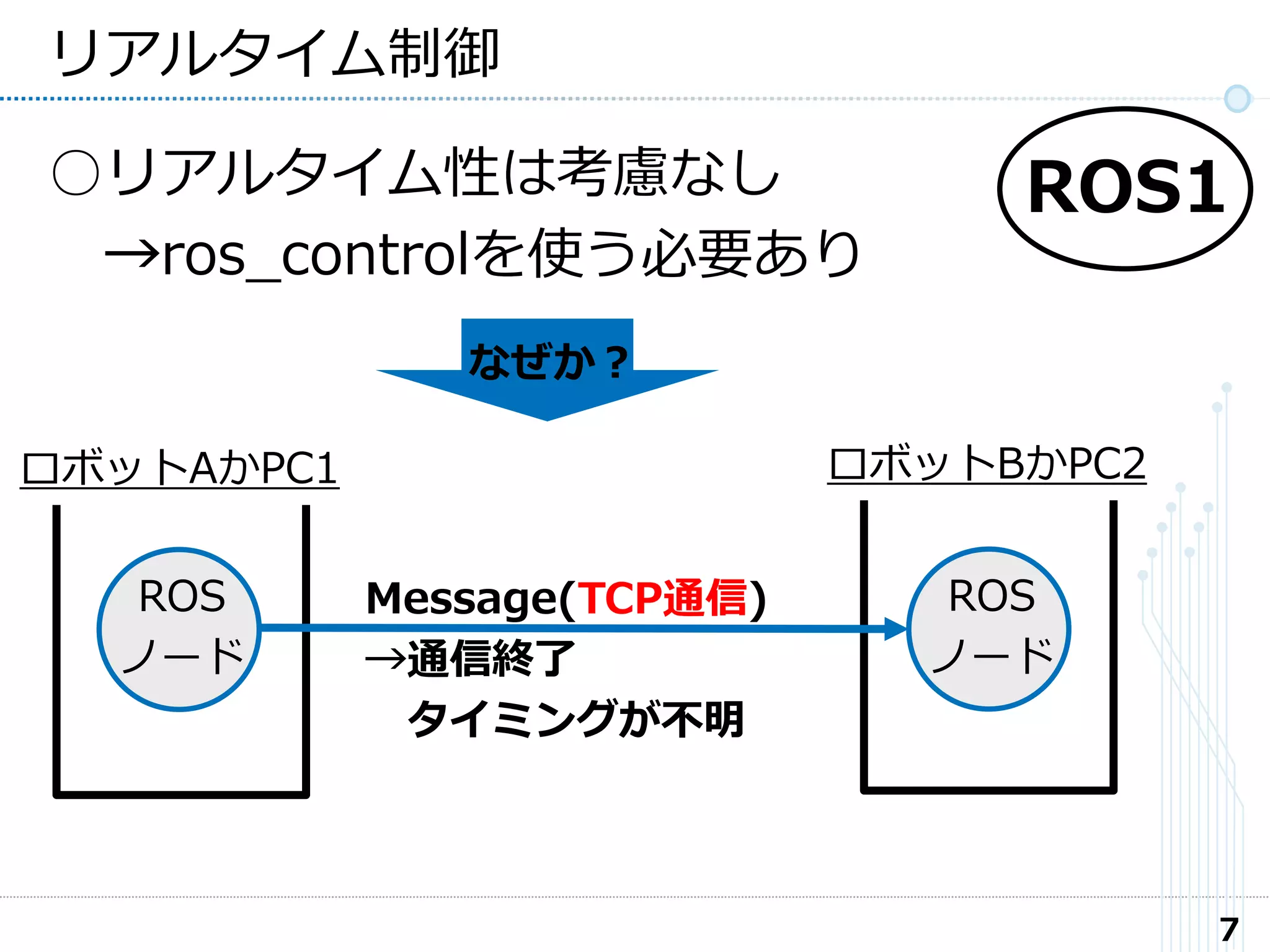 7
リアルタイム制御
ロボットBかPC2ロボットAかPC1
ROS1○リアルタイム性は考慮なし
→ros_controlを使う必要あり
ROS
ノード
ROS
ノード
Message(TCP通信)
→通信終了
タイミングが不明
なぜか？
 