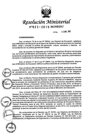 Resolución Ministerial N° 023-2015-MINEDU - Normas que regulan la Contratación de Profesionales en las Instituciones Educativas Públicas de Educación Básica y Técnico Productiva en el año 2015