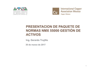 PRESENTACION DE PAQUETE DE
NORMAS NMX 55000 GESTIÓN DE
ACTIVOS
1
Ing. Gerardo Trujillo
30 de marzo de 2017
 