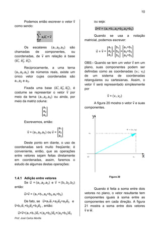 10
Prof. José Carlos Morilla
Podemos então escrever o vetor vሬԦ
como sendo:
෍ aieiሬሬԦ = vሬԦ
3
i=1
Os escalares ሺa1,a2,a3ሻ são
chamadas de componentes, ou
coordenadas, de vሬԦ em relação à base
ሺe1ሬሬሬሬԦ, e2ሬሬሬሬԦ, e3ሬሬሬሬԦሻ.
Reciprocamente, a uma terna
ሺa1,a2,a3ሻ de números reais, existe um
único vetor cujas coordenadas são
a1,a2 e a3.
Fixada uma base ሺe1ሬሬሬሬԦ, e2ሬሬሬሬԦ, e3ሬሬሬሬԦሻ, é
costume se representar o vetor vሬԦ por
meio da terna ሺa1,a2,a3ሻ ou ainda, por
meio da matriz coluna:
൥
a1
a2
a3
൩
Escrevemos, então:
vሬԦ = ሺa1,a2,a3ሻ ou vሬԦ = ൥
a1
a2
a3
൩
Deste ponto em diante, o uso de
coordenadas será muito freqüente; é
conveniente, então, que as operações
entre vetores sejam feitas diretamente
em coordenadas, assim, faremos o
estudo de algumas destas operações:
1.4.1 Adição entre vetores
Se uሬԦ = ሺa1,a2,a3ሻ e vሬԦ = ሺb1,b2,b3ሻ
então:
uሬԦ+vሬԦ = ሺa1+b1,a2+b2,a3+b3ሻ
De fato, se uሬԦ=a1eሬԦ1+a2eሬԦ2+a3eሬԦ3 e
vሬԦ=b1eሬԦ1+b2eሬԦ2+b3eሬԦ3 , então:
uሬԦ+vሬԦ=ሺa1+b1ሻeሬԦ1+ሺa2+b2ሻeሬԦ2+ሺa3+b3ሻeሬԦ3
ou seja:
uሬԦ+vሬԦ = ሺa1+b1,a2+b2,a3+b3ሻ
Quando se usa a notação
matricial, podemos escrever:
uሬԦ ൅ vሬԦ = ൥
a1
a2
a3
൩+቎
b1
b2
b3
቏=቎
a1+b1
a2+b2
a3+b3
቏
OBS:- Quando se tem um vetor vሬԦ em um
plano, suas componentes podem ser
definidas como as coordenadas (v1; v2)
de um sistema de coordenadas
retangulares ou cartesianas. Assim, o
vetor vሬԦ será representado simplesmente
por
vሬԦ = ሺv1,v2ሻ
A figura 20 mostra o vetor vሬԦ e suas
componentes.
Figura 20
Quando é feita a soma entre dois
vetores no plano, o vetor resultante tem
componentes iguais à soma entre as
componentes em cada direção. A figura
21 mostra a soma entre dois vetores
vሬԦ e wሬሬԦ.
 