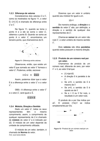 6


1.2.3 Diferença de vetores                         Dizemos que um vetor é unitário
      Consideremos dois vetores u e v ,       quando seu módulo for igual a um.

                                                                 |u|=1
como os mostrados na figura 11, o vetor
k u+ -v é chamado de diferença entre
u ev.                                               De maneira análoga, a direção e o
                                              sentido do vetor u são, por definição, a
       Na figura 11, quando se toma o         direção e o sentido de qualquer dos
ponto A e a ele se soma o vetor u ,           representantes de u .
obtemos o ponto B. Quando se soma ao
ponto A o vetor v , encontramos um                   Chama-se versor de um vetor não
terceiro ponto, que chamaremos de D.          nulo v , o vetor unitário de mesmo sentido
                                              v.

                                                   Dois vetores são ditos paralelos
                                              quando estes possuem a mesma direção.



                                              1.2.5 Produto de um número real por
         Figura 11– Diferença entre vetores          um vetor.
         Observa-se, então, que existe um            Chamamos de produto de um

                                                   0, ao vetor s tal que:
                                              número real, diferente de zero, por vetor
vetor k que somado ao vetor v fornece o
                                              v
vetor u . Podemos, então, escrever
                                                        •   |s |=|a|×|v|
                    v+k=u           k=u-v
                                                        •   A direção s é paralela à de
         Assim, podemos dizer que o vetor                   v
k é a diferença entre o vetor u e o vetor               •   Se a>0, o sentido de s é
v.                                                          mesmo de v
                                                        •   Se a<0, o sentido de s é
         OBS:- A diferença entre o vetor v                  oposto ao de v
e o vetor u , será igual a -k.                          •   Se a = 0 ou v for nulo, o
                                                            resultado é um vetor nulo.
                            v - u = -k
                                                    O produto de a por vse indica por
                                              av . O produto (1/a) v se indica
1.2.4 Módulo, Direção e Sentido               simplesmente por v/a.
      Dado um vetor u , todos os seus
representantes    têm      o      mesmo
comprimento; assim, o comprimento de
qualquer representante de u é chamado

|u|. O módulo de um vetor depende da
de módulo do vetor u e é indicado por

unidade de comprimento utilizada.
                                               Figura 12– Produto de um número real por um
     O módulo de um vetor, também, é                              vetor
chamado de Norma do vetor.
Prof. José Carlos Morilla
 