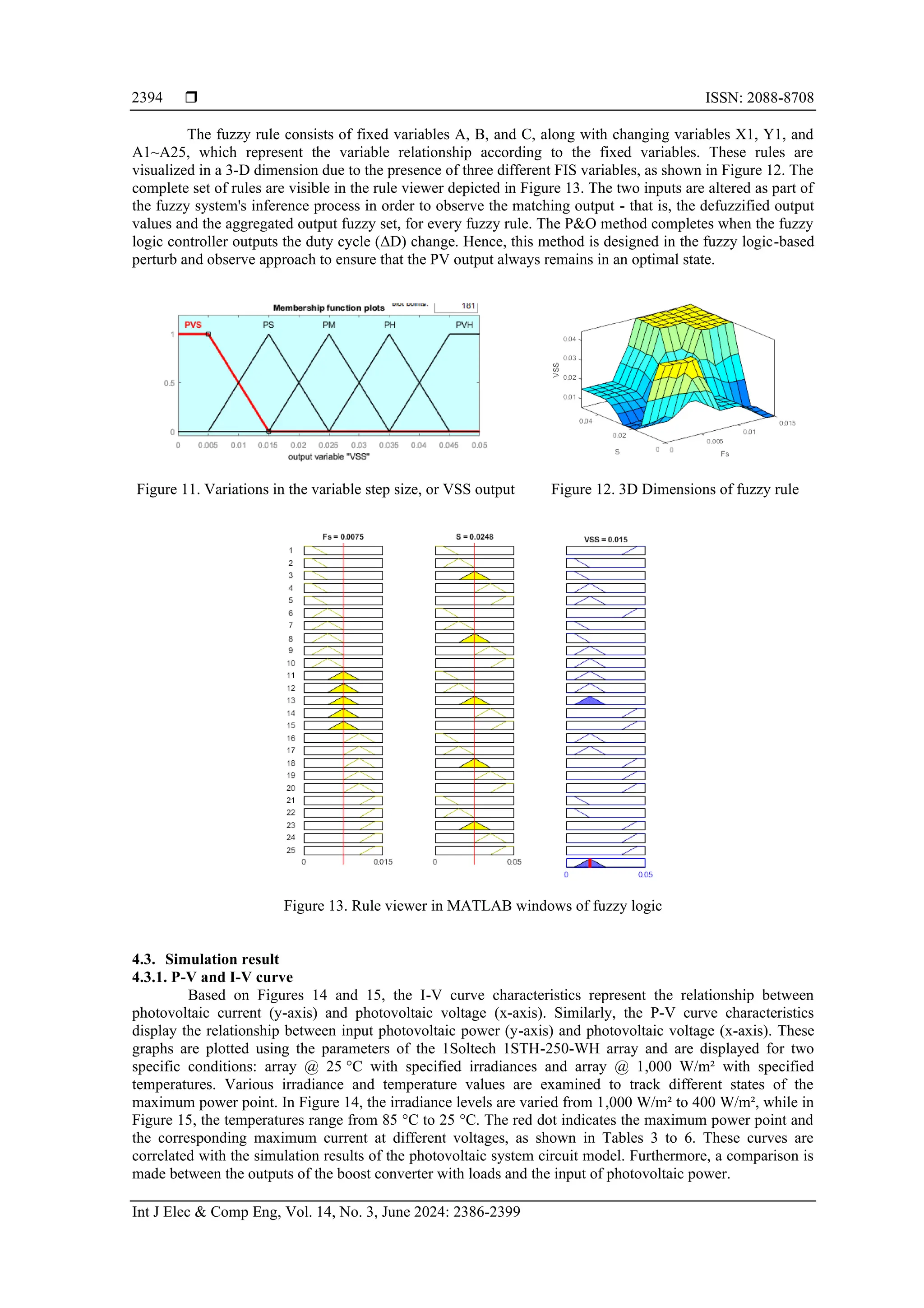  ISSN: 2088-8708
Int J Elec & Comp Eng, Vol. 14, No. 3, June 2024: 2386-2399
2394
The fuzzy rule consists of fixed variables A, B, and C, along with changing variables X1, Y1, and
A1~A25, which represent the variable relationship according to the fixed variables. These rules are
visualized in a 3-D dimension due to the presence of three different FIS variables, as shown in Figure 12. The
complete set of rules are visible in the rule viewer depicted in Figure 13. The two inputs are altered as part of
the fuzzy system's inference process in order to observe the matching output - that is, the defuzzified output
values and the aggregated output fuzzy set, for every fuzzy rule. The P&O method completes when the fuzzy
logic controller outputs the duty cycle (ΔD) change. Hence, this method is designed in the fuzzy logic-based
perturb and observe approach to ensure that the PV output always remains in an optimal state.
Figure 11. Variations in the variable step size, or VSS output Figure 12. 3D Dimensions of fuzzy rule
Figure 13. Rule viewer in MATLAB windows of fuzzy logic
4.3. Simulation result
4.3.1. P-V and I-V curve
Based on Figures 14 and 15, the I-V curve characteristics represent the relationship between
photovoltaic current (y-axis) and photovoltaic voltage (x-axis). Similarly, the P-V curve characteristics
display the relationship between input photovoltaic power (y-axis) and photovoltaic voltage (x-axis). These
graphs are plotted using the parameters of the 1Soltech 1STH-250-WH array and are displayed for two
specific conditions: array @ 25 °C with specified irradiances and array @ 1,000 W/m² with specified
temperatures. Various irradiance and temperature values are examined to track different states of the
maximum power point. In Figure 14, the irradiance levels are varied from 1,000 W/m² to 400 W/m², while in
Figure 15, the temperatures range from 85 °C to 25 °C. The red dot indicates the maximum power point and
the corresponding maximum current at different voltages, as shown in Tables 3 to 6. These curves are
correlated with the simulation results of the photovoltaic system circuit model. Furthermore, a comparison is
made between the outputs of the boost converter with loads and the input of photovoltaic power.
 
