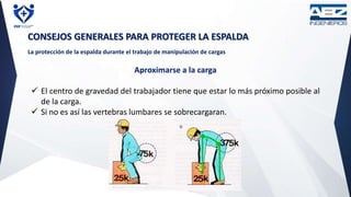CONSEJOS GENERALES PARA PROTEGER LA ESPALDA
La protección de la espalda durante el trabajo de manipulación de cargas
Aproximarse a la carga
 El centro de gravedad del trabajador tiene que estar lo más próximo posible al
de la carga.
 Si no es así las vertebras lumbares se sobrecargaran.
 