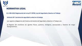 NORMATIVA LEGAL
D.S. 005-2012 Reglamento de la Ley N° 29783, Ley de Seguridad y Salud en el Trabajo
Artículo 33º. Servicios de seguridad y salud en el trabajo
Los registros obligatorios del Sistema de Gestión de Seguridad y Salud en el Trabajo son:
c) Registro del monitoreo de agentes físicos, químicos, biológicos, psicosociales y factores de riesgo
disergonómicos.
 