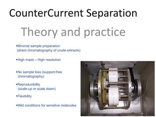 CounterCurrent Separation
Theory	and	practice
§Minimal sample preparation
(direct chromatography of crude extracts)
§High mass – High resolution
§No sample loss (support-free
chromatography)
§Reproducibility
(scale-up or scale down)
§Flexibility
§Mild conditions for sensitive molecules
 