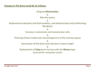 Dr Jaffar Raza Syed Page 6
Changes In The Bone Could Be As Follows:
Gingival inflammation
↓
Marrow spaces
↓
Replaced by leukocytes and fluid exudates, new blood vessels and proliferating
fibroblasts
↓
Increase in osteoclasts and mononuclear cells
↓
Thinning of bone trabeculae and enlargement of the marrow spaces
↓
Destruction of the bone and reduction in bone height
↓
Replacement of fatty bone marrow with the fibrous type
(around the resorption areas)
 