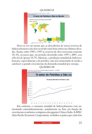 QUADRO II




      Deve-se ter em mente que as descobertas de novas reservas de
hidrocarbonetos não têm ocorrido num bom ritmo nas últimas déca-
das. Assim, entre 1987 e 1997 as reservas de óleo cresceram somente
18, 6%, ao passo que, no período decorrido entre 1997 e 2007, essa
cifra foi de apenas 15,7%. Ademais, a produção mundial de hidrocar-
bonetos, especialmente a de petróleo, não tem aumentado de modo a
satisfazer o grande crescimento da demanda mundial por energia.
                            QUADRO III




     Em contraste, o consumo mundial de hidrocarbonetos vem au-
mentando extraordinariamente, notadamente na Ásia, em função do
crescimento econômico vertiginoso dos gigantes China e Índia. A APEC
(Asia-Pacific Economic Cooperation), excluídos os países que estão fora

                              Observatório                         23
 