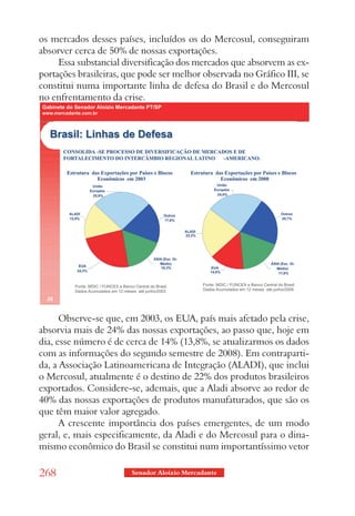 os mercados desses países, incluídos os do Mercosul, conseguiram
absorver cerca de 50% de nossas exportações.
     Essa substancial diversificação dos mercados que absorvem as ex-
portações brasileiras, que pode ser melhor observada no Gráfico III, se
constitui numa importante linha de defesa do Brasil e do Mercosul
no enfrentamento da crise.




      Observe-se que, em 2003, os EUA, país mais afetado pela crise,
absorvia mais de 24% das nossas exportações, ao passo que, hoje em
dia, esse número é de cerca de 14% (13,8%, se atualizarmos os dados
com as informações do segundo semestre de 2008). Em contraparti-
da, a Associação Latinoamericana de Integração (ALADI), que inclui
o Mercosul, atualmente é o destino de 22% dos produtos brasileiros
exportados. Considere-se, ademais, que a Aladi absorve ao redor de
40% das nossas exportações de produtos manufaturados, que são os
que têm maior valor agregado.
      A crescente importância dos países emergentes, de um modo
geral, e, mais especificamente, da Aladi e do Mercosul para o dina-
mismo econômico do Brasil se constitui num importantíssimo vetor

268                     Senador Aloizio Mercadante
 
