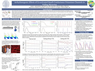 To evaluate the effect of SK on failing ventricular cells, a
spatiotemporal calcium cycling ventricular myocyte
model was used consisting of a network of 20,000 Ca
Release Units (CRUs)3
.Ionic changes from the normal
cell to the failing cell were taken from Ponnaluri et al4
.
T-tubule disruption was modeled by moving RyR
clusters at random from the dyadic calcium space into
the myoplasm to simulate the real loss of physical
structure seen in HF.
The SK channel was modeled as:
Where gSK
is the conductance of the channel, EK
is the
Nernst potential of potassium, and Cai
is the
cytoplasmic calcium concentration. h is the half-maxial
concentration constant, which is different between
healthy and failing hearts:
hnormal
= 0.605
hfailing
= 0.320
Simulations were
conducted on Tesla
K20c GPUs (NVIDIA
Corporation).
Arrhythmogenic Effects of Ca-activated Small-Conductance Potassium Channels in
Failing Myocytes
Introduction
Imesh C. Samarakoon, Michael B Liu, Alan Garfinkel, James N. Weiss, Zhilin Qu
Department of Medicine (Cardiology), University of California, Los Angeles, California 90095, USA
Results
Heart Failure (HF) is the number one cause of hospitalization in people over the age of 65, and Sudden Cardiac Death (SCD) from lethal arrhythmias is the leading cause of
death in early to mid-stage HF. HF has been previously characterized by changes in various ionic currents, and the presence of T-tubule disruption (TTD), which orphans RyR
Clusters due to the loss of the physical geometrical structure of the T-tubule.
Among the channels upregulated in HF are Small Conductance Calcium-Gated Potassium Channels, more commonly known as SK channels. The channel is strongly blocked by
the drug apamin, but normally the channels have negligible effects upon the behavior of healthy ventricles. However, there is substantial upregulation of SK2 channels in
Epicardial and Endocardial cells in HF. SK has been shown to have both proarrhythmic and antiarrhythmic consequences under different circumstances.
This study provides insights into SK2 induced behaviors in failing ventricular cells, as well as apamin’s possible role as an antiarrhythmic agent.
Materials and Methods
Normal Cell Failing without TTD Failing with TTD
PCL=500ms
6
Conclusions
● Under the effects of T-tubule disruption, the
addition of an SK current can generate calcium
alternans at slower pacing.
● At slower pacing, the addition of the SK current
to a cell with T-tubule disruption can cause
varying severity of alternans depending on the
strength of the SK current.
● Addition of SK to a failing cell with T-tubule
disruption results in earlier alternans.
● SK has a proarrhythmic effect.
1
- = Normal
- = HF w/o TTD
- = HF w/ TTD
- = no SK
- = SK
The addition of SK has proarrhthymic effects when the myocyte has t-tubule disruption. We currently have no mechanism to explain
the oscillations in alternans magnitude seen in the failing cell with t-tubule disruption as SK conductance i increased.
When a cell has t-tubule disruption, the addition of SK initiates alternans earlier.
2
5
gSK
=0.005
[1] Chua et al, Circ Res 2011
[2] Hsieh et al, Circ Arrhythm Electrophys 2013
[3] Nivala et al, Frontiers Physiology 2012
[4] Ponnaluri et al, PLOS Computational Biology
2016
[5] Guo et al, Cardiovascular Res 2013
[6] Chang et al, JAHA 2013
As expected, the heart failure cell model has a longer action potential, with a larger and slower calcium transient. T-tubule disruption
potentiates the action potential further, and makes the calcium transient even larger and slower. Since the SK current is an inward
potassium current, it abbreviates the action potential. Upregulation of the channel can result in voltage and calcium alternans under
different conditions.
Future Work
● For future studies, we would like to evaluate
how the inclusion of a time delay within the SK
channel gates would affect behavior.
Preliminary single-cell simulations suggest that
a time delay is needed for calcium alternans in
certain cases.
● We would like to elucidate the mechanism by
which oxcillations occur in alternans magnitude
when a failing cell has its SK conductance
gradually increased.
● Additionally, we would like to discern how
SK-induced behaviors in the single cell model
translate to phenomena in the spatio-temporal
1-D cable.
References
 