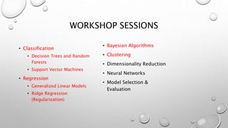 WORKSHOP SESSIONS
• Classification
• Decision Trees and Random
Forests
• Support Vector Machines
• Regression
• Generalized Linear Models
• Ridge Regression
(Regularization)
• Bayesian Algorithms
• Clustering
• Dimensionality Reduction
• Neural Networks
• Model Selection &
Evaluation
 