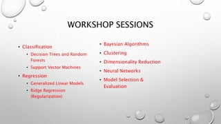 WORKSHOP SESSIONS
• Classification
• Decision Trees and Random
Forests
• Support Vector Machines
• Regression
• Generalized Linear Models
• Ridge Regression
(Regularization)
• Bayesian Algorithms
• Clustering
• Dimensionality Reduction
• Neural Networks
• Model Selection &
Evaluation
 