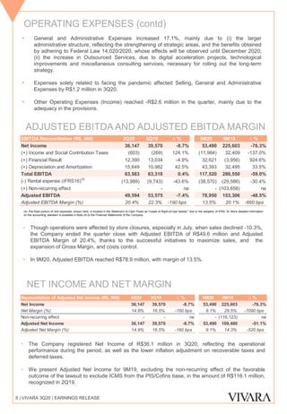 OPERATING EXPENSES (contd)
▪ General and Administrative Expenses increased 17.1%, mainly due to (i) the larger
administrative structure, reflecting the strengthening of strategic areas, and the benefits obtained
by adhering to Federal Law 14,020/2020, whose effects will be observed until December 2020;
(ii) the increase in Outsourced Services, due to digital acceleration projects, technological
improvements and miscellaneous consulting services, necessary for rolling out the long-term
strategy.
▪ Expenses solely related to facing the pandemic affected Selling, General and Administrative
Expenses by R$1.2 million in 3Q20.
▪ Other Operating Expenses (Income) reached -R$2.6 million in the quarter, mainly due to the
adequacy in the provisions.
8 | VIVARA 3Q20 | EARNINGS RELEASE
• Though operations were affected by store closures, especially in July, when sales declined -10.3%,
the Company ended the quarter close with Adjusted EBITDA of R$49.6 million and Adjusted
EBITDA Margin of 20.4%, thanks to the successful initiatives to maximize sales, and the
expansion of Gross Margin, and costs control.
• In 9M20, Adjusted EBITDA reached R$78.9 million, with margin of 13.5%.
ADJUSTED EBITDA AND ADJUSTED EBITDA MARGIN
(4) The fixed portion of rent expenses, shown here, is booked in the Statement of Cash Flows as "Lease of Right-of-Use Assets," due to the adoption of IFRS 16. More detailed information
on the accounting standard is available in Note 24 to the Financial Statements of the Company.
NET INCOME AND NET MARGIN
• The Company registered Net Income of R$36.1 million in 3Q20, reflecting the operational
performance during the period, as well as the lower inflation adjustment on recoverable taxes and
deferred taxes.
• We present Adjusted Net Income for 9M19, excluding the non-recurring effect of the favorable
outcome of the lawsuit to exclude ICMS from the PIS/Cofins base, in the amount of R$116.1 million,
recognized in 2Q19.
EBITDA Reconciliation (R$, 000) 3Q20 3Q19 ∆ % 9M20 9M19 ∆ %
Net Income 36,147 39,570 -8.7% 53,490 225,603 -76.3%
(+) Income and Social Contribution Taxes (603) (269) 124.1% (11,984) 32,409 -137.0%
(+) Financial Result 12,390 13,034 -4.9% 32,621 (3,956) 924.6%
(+) Depreciation and Amortization 15,649 10,982 42.5% 43,393 32,495 33.5%
Total EBITDA 63,583 63,318 0.4% 117,520 286,550 -59.0%
(-) Rental expense (IFRS16)
(4)
(13,989) (9,743) -43.6% (38,570) (29,586) -30.4%
(+) Non-recurring effect - - na - (103,658) na
Adjusted EBITDA 49,594 53,575 -7.4% 78,950 153,306 -48.5%
Adjusted EBITDA Margin (%) 20.4% 22.3% -190 bps 13.5% 20.1% -660 bps
Reconciliation of Adjusted Net Income (R$, 000) 3Q20 3Q19 ∆ % 9M20 9M19 ∆ %
Net Income 36,147 39,570 -8.7% 53,490 225,603 -76.3%
Net Margin (%) 14.9% 16.5% -160 bps 9.1% 29.5% -7090 bps
Non-recurring effect - - na - (116,123) na
Adjusted Net Income 36,147 39,570 -8.7% 53,490 109,480 -51.1%
Adjusted Net Margin (%) 14.9% 16.5% -160 bps 9.1% 14.3% -520 bps
 