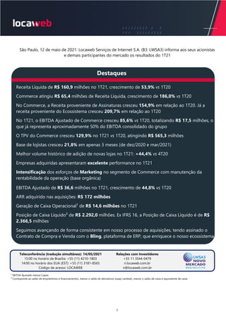 1
São Paulo, 12 de maio de 2021: Locaweb Serviços de Internet S.A. (B3: LWSA3) informa aos seus acionistas
e demais participantes do mercado os resultados do 1T21
Destaques
Receita Líquida de R$ 160,9 milhões no 1T21, crescimento de 53,9% vs 1T20
Commerce atingiu R$ 65,4 milhões de Receita Líquida, crescimento de 186,0% vs 1T20
No Commerce, a Receita proveniente de Assinaturas cresceu 154,9% em relação ao 1T20. Já a
receita proveniente do Ecossistema cresceu 209,7% em relação ao 1T20
No 1T21, o EBITDA Ajustado de Commerce cresceu 85,6% vs 1T20, totalizando R$ 17,5 milhões, o
que já representa aproximadamente 50% do EBITDA consolidado do grupo
O TPV do Commerce cresceu 129,9% no 1T21 vs 1T20, atingindo R$ 565,3 milhões
Base de lojistas cresceu 21,8% em apenas 3 meses (de dez/2020 e mar/2021)
Melhor volume histórico de adição de novas lojas no 1T21: +44,4% vs 4T20
Empresas adquiridas apresentaram excelente performance no 1T21
Intensificação dos esforços de Marketing no segmento de Commerce com manutenção da
rentabilidade da operação (base orgânica)
EBITDA Ajustado de R$ 36,6 milhões no 1T21, crescimento de 44,8% vs 1T20
ARR adquirido nas aquisições: R$ 172 milhões
Geração de Caixa Operacional¹ de R$ 14,6 milhões no 1T21
Posição de Caixa Líquido² de R$ 2.292,0 milhões. Ex IFRS 16, a Posição de Caixa Líquido é de R$
2.366,5 milhões
Seguimos avançando de forma consistente em nosso processo de aquisições, tendo assinado o
Contrato de Compra e Venda com o Bling, plataforma de ERP, que enriquece o nosso ecossistema
¹ EBITDA Ajustado menos Capex
² Corresponde ao saldo de empréstimos e financiamentos, menos o saldo de derivativos (swap cambial), menos o saldo de caixa e equivalente de caixa
Teleconferência (tradução simultânea): 14/05/2021
15:00 no horário de Brasília: +55 (11) 4210-1803
14:00 no horário dos EUA (EST): +55 (11) 3181-8565
Código de acesso: LOCAWEB
Relações com Investidores
+55 11 3544-0479
ri.locaweb.com.br
ri@locaweb.com.br
 