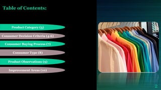 Table of Contents:
Product Category (3)
Consumer Decision Criteria (4-6)
Consumer Buying Process (7)
Consumer Type (8)
Product Observations (9)
Improvement Areas (10)
2
 