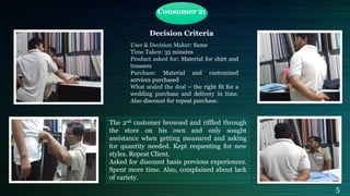 Consumer 2:
Decision Criteria
User & Decision Maker: Same
Time Taken: 35 minutes
Product asked for: Material for shirt and
trousers
Purchase: Material and customized
services purchased
What sealed the deal – the right fit for a
wedding purchase and delivery in time.
Also discount for repeat purchase.
The 2nd customer browsed and riffled through
the store on his own and only sought
assistance when getting measured and asking
for quantity needed. Kept requesting for new
styles. Repeat Client.
Asked for discount basis previous experiences.
Spent more time. Also, complained about lack
of variety.
5
 