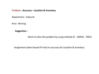 Problem : Accuracy – Location & Inventory
Department : Inbound
Area : Binning
Suggestion :
Want to solve the problem by using method of - DMAIC - PDCA
Assignment taken based VP mail on accuracy for Location & Inventory
 