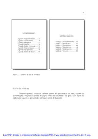 24

LISTA DE FIGURAS
LISTA DE GRÁFICOS
Figura 1 – Esquema clássico ........ 23
Figura 2 – Conhecimento .............. 30
Figura 3 – Inteligência ................... 43
Figura 4 – Pirâmide ....................... 56
Figura 5 – Dados, informação ....... 76
Figura 6 – Representações ........... 86
Figura 7 – Resignificação .............. 98
Figura 8 – Modelo de Novaes ....... 99

Gráfico 1 – Visão administrativa .....61
Gráfico 2 – Visão técnica ................63
Gráfico 3 – Visão docente ..............64
Gráfico 4 – Visão discente ..............68
Gráfico 5 – Condicionantes ............70
Gráfico 6 – Variáveis ..................... 80

Figura 12 – Modelos de lista de ilustração

Lista de tabelas
Elemento opcional, elaborado conforme ordem de apresentação no texto, seguido da
denominação e respectivo número da página onde está localizada. No geral, suas regras de
elaboração seguem as apresentadas acima para a Lista de Ilustração.

Easy PDF Creator is professional software to create PDF. If you wish to remove this line, buy it now.

 