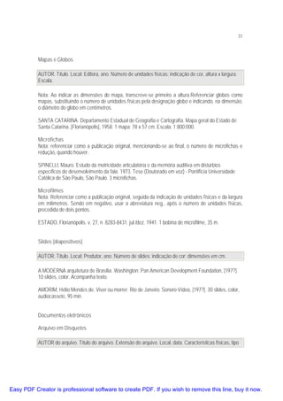 51

Mapas e Globos
AUTOR. Título. Local: Editora, ano. Número de unidades físicas: indicação de cor, altura x largura.
Escala.
Nota: Ao indicar as dimensões do mapa, transcreve-se primeiro a altura.Referenciar globos como
mapas, substituindo o número de unidades físicas pela designação globo e indicando, na dimensão,
o diâmetro do globo em centímetros.
SANTA CATARINA. Departamento Estadual de Geografia e Cartografia. Mapa geral do Estado de
Santa Catarina. [Florianópolis], 1958. 1 mapa: 78 x 57 cm. Escala: 1:800:000.
Microfichas
Nota: referenciar como a publicação original, mencionando-se ao final, o número de microfichas e
redução, quando houver.
SPINELLI, Mauro. Estudo da motricidade articulatória e da memória auditiva em distúrbios
específicos de desenvolvimento da fala. 1973. Tese (Doutorado em voz) - Pontifícia Universidade
Católica de São Paulo, São Paulo. 3 microfichas.
Microfilmes
Nota: Referenciar como a publicação original, seguida da indicação de unidades físicas e da largura
em milímetros. Sendo em negativo, usar a abreviatura neg., após o número de unidades físicas,
precedida de dois pontos.
ESTADO, Florianópolis. v. 27, n. 8283-8431. jul./dez. 1941. 1 bobina de microfilme, 35 m.
Slides (diapositivos)
AUTOR. Título. Local: Produtor, ano. Número de slides: indicação de cor; dimensões em cm.
A MODERNA arquitetura de Brasília. Washington: Pan American Development Foundation, [197?].
10 slides, color. Acompanha texto.
AMORIM, Hélio Mendes de. Viver ou morrer. Rio de Janeiro: Sonoro-Vídeo, [197?]. 30 slides, color,
audiocassete, 95 min.
Documentos eletrônicos
Arquivo em Disquetes
AUTOR do arquivo. Título do arquivo. Extensão do arquivo. Local, data. Características físicas, tipo

Easy PDF Creator is professional software to create PDF. If you wish to remove this line, buy it now.

 