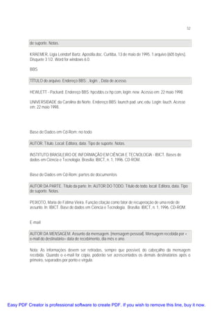 52

de suporte. Notas.
KRAEMER, Ligia Leindorf Bartz. Apostila.doc. Curitiba, 13 de maio de 1995. 1 arquivo (605 bytes).
Disquete 3 1/2. Word for windows 6.0.
BBS
TÍTULO do arquivo. Endereço BBS: , login: , Data de acesso.
HEWLETT - Packard. Endereço BBS: hpcvbbs.cv.hp.com, login: new. Acesso em: 22 maio 1998.
UNIVERSIDADE da Carolina do Norte. Endereço BBS: launch pad. unc.edu. Login: lauch. Acesso
em: 22 maio 1998.

Base de Dados em Cd-Rom: no todo
AUTOR. Título. Local: Editora, data. Tipo de suporte. Notas.
INSTITUTO BRASILEIRO DE INFORMAÇÃO EM CIÊNCIA E TECNOLOGIA - IBICT. Bases de
dados em Ciência e Tecnologia. Brasília: IBICT, n. 1, 1996. CD-ROM.
Base de Dados em Cd-Rom: partes de documentos
AUTOR DA PARTE. Título da parte. In: AUTOR DO TODO. Título do todo. local: Editora, data. Tipo
de suporte. Notas.
PEIXOTO, Maria de Fátima Vieira. Função citação como fator de recuperação de uma rede de
assunto. In: IBICT. Base de dados em Ciência e Tecnologia. Brasília: IBICT, n. 1, 1996. CD-ROM.
E-mail
AUTOR DA MENSAGEM. Assunto da mensagem. [mensagem pessoal]. Mensagem recebida por <
e-mail do destinatário> data de recebimento, dia mês e ano.
Nota: As informações devem ser retiradas, sempre que possível, do cabeçalho da mensagem
recebida. Quando o e-mail for cópia, poderão ser acrescentados os demais destinatários após o
primeiro, separados por ponto e vírgula.

Easy PDF Creator is professional software to create PDF. If you wish to remove this line, buy it now.

 