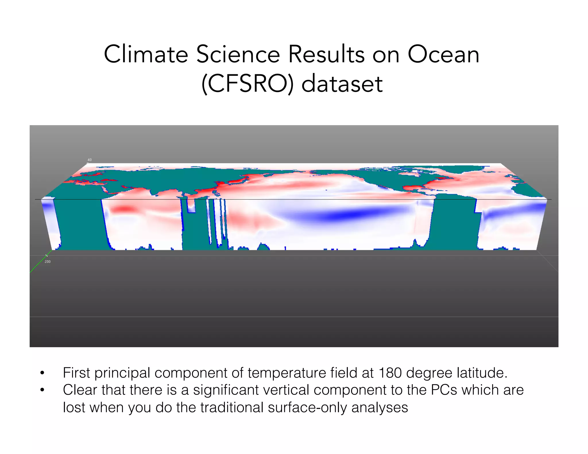 Climate Science Results on Ocean (CFSRO) dataset •  First principal component of temperature ﬁeld at 180 degree latitude.! •  Clear that there is a signiﬁcant vertical component to the PCs which are lost when you do the traditional surface-only analyses 