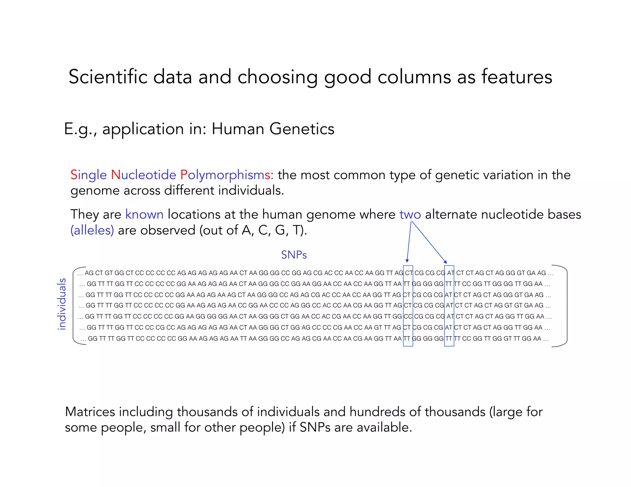 E.g., application in: Human Genetics Scientific data and choosing good columns as features Single Nucleotide Polymorphisms: the most common type of genetic variation in the genome across different individuals. They are known locations at the human genome where two alternate nucleotide bases (alleles) are observed (out of A, C, G, T). SNPs individuals … AG CT GT GG CT CC CC CC CC AG AG AG AG AG AA CT AA GG GG CC GG AG CG AC CC AA CC AA GG TT AG CT CG CG CG AT CT CT AG CT AG GG GT GA AG …! … GG TT TT GG TT CC CC CC CC GG AA AG AG AG AA CT AA GG GG CC GG AA GG AA CC AA CC AA GG TT AA TT GG GG GG TT TT CC GG TT GG GG TT GG AA …! … GG TT TT GG TT CC CC CC CC GG AA AG AG AA AG CT AA GG GG CC AG AG CG AC CC AA CC AA GG TT AG CT CG CG CG AT CT CT AG CT AG GG GT GA AG …! … GG TT TT GG TT CC CC CC CC GG AA AG AG AG AA CC GG AA CC CC AG GG CC AC CC AA CG AA GG TT AG CT CG CG CG AT CT CT AG CT AG GT GT GA AG …! … GG TT TT GG TT CC CC CC CC GG AA GG GG GG AA CT AA GG GG CT GG AA CC AC CG AA CC AA GG TT GG CC CG CG CG AT CT CT AG CT AG GG TT GG AA …! … GG TT TT GG TT CC CC CG CC AG AG AG AG AG AA CT AA GG GG CT GG AG CC CC CG AA CC AA GT TT AG CT CG CG CG AT CT CT AG CT AG GG TT GG AA …! … GG TT TT GG TT CC CC CC CC GG AA AG AG AG AA TT AA GG GG CC AG AG CG AA CC AA CG AA GG TT AA TT GG GG GG TT TT CC GG TT GG GT TT GG AA …! Matrices including thousands of individuals and hundreds of thousands (large for some people, small for other people) if SNPs are available. 