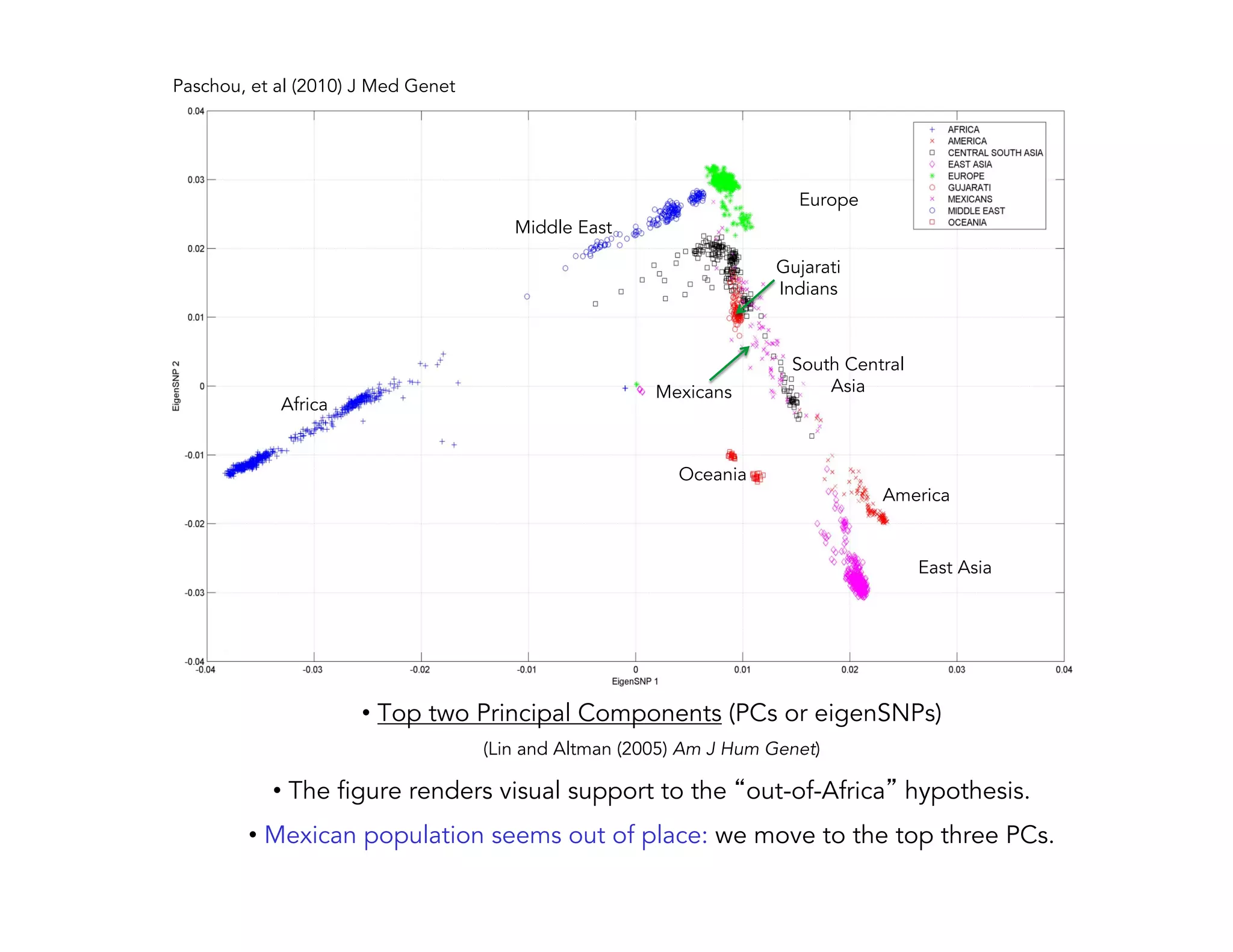 Africa Middle East South Central Asia Europe Oceania East Asia America Gujarati Indians Mexicans • Top two Principal Components (PCs or eigenSNPs) (Lin and Altman (2005) Am J Hum Genet) • The figure renders visual support to the “out-of-Africa” hypothesis. • Mexican population seems out of place: we move to the top three PCs. Paschou, et al (2010) J Med Genet 