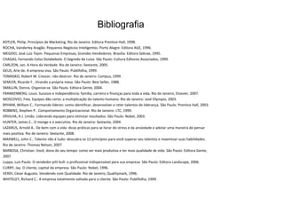 Bibliografia
KOTLER, Philip. Princípios de Marketing. Rio de Janeiro: Editora Prentice-Hall, 1998.
ROCHA, Vanderley Aragão. Pequenos Negócios Inteligentes. Porto Alegre: Editora AGE, 1996.
MEGIDO, José Luiz Tejon. Pequenas Empresas, Grandes Vendedores. Brasília: Editora Sebrae, 1995.
CHAGAS, Fernando Celso Dolabebela. O Segredo de Luísa. São Paulo: Cultura Editores Associados, 1999.
CARLZON, Jan. A Hora da Verdade. Rio de Janeiro: Sextante, 2005.
GEUS, Arie de. A empresa viva. São Paulo: Publifolha, 1999.
TOMASKO, Robert M. Crescer, não destruir. Rio de Janeiro: Campus, 1999.
SEMLER, Ricardo F.. Virando a própria mesa. São Paulo: Best Seller, 1988.
SMALLIN, Donna. Organize-se. São Paulo: Editora Gente, 2004.
FRANKENBERG, Louis. Sucesso e independência: família, carreira e finanças para toda a vida. Rio de Janeiro, Elsevier, 2007.
MOSCOVICI, Fela. Equipes dão certo: a multiplicação do talento humano. Rio de Janeiro: José Olympio, 2003.
BYHAM, William C.. Formando líderes: como identificar, desenvolver e reter talentos de liderança. São Paulo: Prentice Hall, 2003.
ROBBINS, Stephen P.. Comportamento Organizacional. Rio de Janeiro: LTC, 1999.
ERVILHA, A J. Limão. Liderando equipes para otimizar resultados. São Paulo: Nobel, 2003.
HUNTER, James C.. O monge e o executivo. Rio de Janeiro: Sextante, 2004.
LAZARUS, Arnold A.. De bem com a vida: dicas práticas para se livrar do stress e da ansiedade e adotar uma maneira de pensar
mais positiva. Rio de Janeiro: Sextante, 2008.
MAXWELL, John C.. Talento não é tudo: descubra os 13 princípios para você superar seu talentos e maximizar suas habilidades.
Rio de Janeiro: Thomas Nelson, 2007.
BARBOSA, Christian. Você, dona do seu tempo: como ser mais produtiva e ter mais qualidade de vida. São Paulo: Editora Gente,
2007.
Luppa, Luis Paulo. O vendedor pitt bull: o profissional indispensável para sua empresa. São Paulo: Editora Landscape, 2006.
CURRY, Jay. O cliente, capital da empresa. São Paulo: Nobel, 1996.
VERDI, César Augusto. Vendendo com Qualidade. Rio de Janeiro, Qualitymark, 1996.
WHITELEY, Richard C.. A empresa totalmente voltada para o cliente. São Paulo: Publifolha, 1999.
 