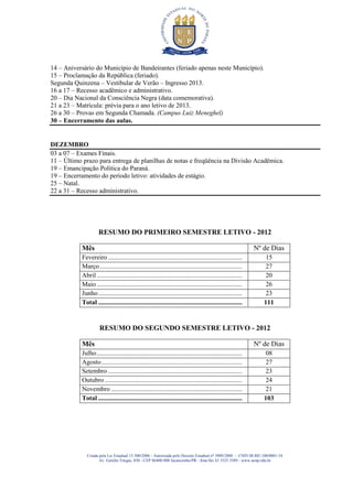 14 – Aniversário do Município de Bandeirantes (feriado apenas neste Município).
15 – Proclamação da República (feriado).
Segunda Quinzena – Vestibular de Verão – Ingresso 2013.
16 a 17 – Recesso acadêmico e administrativo.
20 – Dia Nacional da Consciência Negra (data comemorativa).
21 a 23 – Matrícula: prévia para o ano letivo de 2013.
26 a 30 – Provas em Segunda Chamada. (Campus Luiz Meneghel)
30 – Encerramento das aulas.


DEZEMBRO
03 a 07 – Exames Finais.
11 – Último prazo para entrega de planilhas de notas e freqüência na Divisão Acadêmica.
19 – Emancipação Política do Paraná.
19 – Encerramento do período letivo: atividades de estágio.
25 – Natal.
22 a 31 – Recesso administrativo.




                    RESUMO DO PRIMEIRO SEMESTRE LETIVO - 2012

           Mês                                                                                               Nº de Dias
           Fevereiro ..................................................................................           15
           Março .......................................................................................          27
           Abril .........................................................................................        20
           Maio .........................................................................................         26
           Junho ........................................................................................         23
           Total ........................................................................................        111


                     RESUMO DO SEGUNDO SEMESTRE LETIVO - 2012

           Mês                                                                                               Nº de Dias
           Julho .........................................................................................        08
           Agosto ......................................................................................          27
           Setembro ..................................................................................            23
           Outubro ....................................................................................           24
           Novembro ................................................................................              21
           Total ........................................................................................        103




              Criada pela Lei Estadual 15.300/2006 - Autorizada pelo Decreto Estadual no 3909/2008 - CNPJ 08.885.100/0001-54
                     Av. Getúlio Vargas, 850 - CEP 86400-000 Jacarezinho/PR - fone/fax 43 3525 3589 - www.uenp.edu.br
 