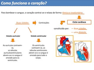 duas aurículas
dois ventrículos
um septo
duas artérias: — aorta
— pulmonar
veias cavas:
veias pulmonares
— inferior
— superior
válvulas semilunares
— bicúspide
— tricúspide
Impedem o refluxo do
sangue dos ventrículos para
as aurículas.
válvulas auriculoventriculares:
O coração é constituído por:
um músculo: miocárdio
Como funciona o coração?
— tricúspide — bicúspide
 