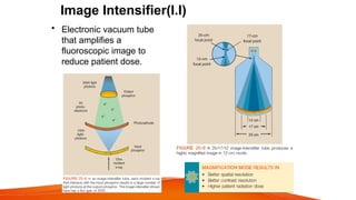 Image Intensifier(I.I)
• Electronic vacuum tube
that amplifies a
fluoroscopic image to
reduce patient dose.
 