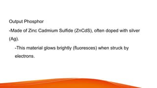Output Phosphor
-Made of Zinc Cadmium Sulfide (ZnCdS), often doped with silver
(Ag).
-This material glows brightly (fluoresces) when struck by
electrons.
 