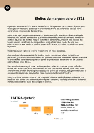 Efeitos de margem para o 1T21
O primeiro trimestre de 2021 apesar de desafiador, foi importante para colocar a à prova nossa
disposição em defender a estratégia de crescimento através do aumento de base de novos
compradores e manutenção da recorrência.
Percebemos logo nas primeiras semanas do ano uma retração fora do padrão esperado pela
demanda para de itens de vestuário, que consequentemente poderia trazer efeito adverso no
custo de aquisição de clientes, não por aumento de concorrência, mas sim pela redução das
buscas naturais e orgânicas dos consumidores pelas categorias de moda. Ou seja, logo
entendemos que para manter o nível de novos usuários seria necessário um ajuste em nosso
orçamento.
Decidimos ajustar o plano e seguir o investimento em nossa estratégia.
O racional por trás dessa decisão foi simples: Manter os estímulos a favor da liquidez da
plataforma, justamente em um momento em que nossos usuários vendedores seguiam sua curva
de crescimento, seria essencial para não perder a oportunidade de convertê-los em usuários
recorrentes ao longo do ano.
Fomos confiantes em seguir neste caminho por duas razões. A primeira é que os estímulos
usados para a manutenção da recorrência foram mais direcionados ao frete, onde como vimos
anteriormente, existem amplas oportunidades para ganhos de eficiência, redução deste custo, e
consequente recuperação estrutural de nossa margem diluída neste trimestre.
A segunda é que estamos otimistas com o segundo trimestre. Onde já pudemos observar nos
meses de abril e maio uma tendência positiva para a categoria, e consequentemente, exercendo
menos pressão sobre o custo de aquisição de clientes.
1 3
EBITDA ajustado
em R$ milhões
O EBITDA ajustado no
1T21 foi de de –
R$12,4 milhões, R$ 5
milhões inferior ao
resultado observado no
4T20
0,96
1T20 1T21
EBITIDA ajustado
-12,4
4T20
-7,3
 