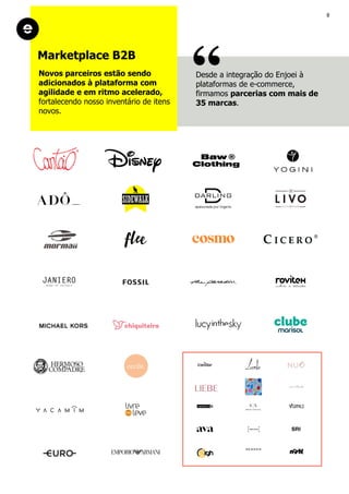 8
Marketplace B2B
Desde a integração do Enjoei à
plataformas de e-commerce,
firmamos parcerias com mais de
35 marcas.
Novos parceiros estão sendo
adicionados à plataforma com
agilidade e em ritmo acelerado,
fortalecendo nosso inventário de itens
novos.
 
