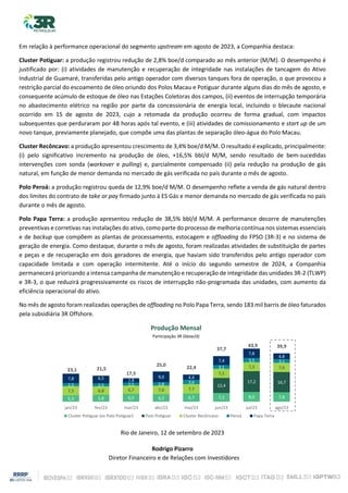 Em relação à performance operacional do segmento upstream em agosto de 2023, a Companhia destaca:
Cluster Potiguar: a produção registrou redução de 2,8% boe/d comparado ao mês anterior (M/M). O desempenho é
justificado por: (i) atividades de manutenção e recuperação de integridade nas instalações de tancagem do Ativo
Industrial de Guamaré, transferidas pelo antigo operador com diversos tanques fora de operação, o que provocou a
restrição parcial do escoamento de óleo oriundo dos Polos Macau e Potiguar durante alguns dias do mês de agosto, e
consequente acúmulo de estoque de óleo nas Estações Coletoras dos campos, (ii) eventos de interrupção temporária
no abastecimento elétrico na região por parte da concessionária de energia local, incluindo o blecaute nacional
ocorrido em 15 de agosto de 2023, cujo a retomada da produção ocorreu de forma gradual, com impactos
subsequentes que perduraram por 48 horas após tal evento, e (iii) atividades de comissionamento e start up de um
novo tanque, previamente planejado, que compõe uma das plantas de separação óleo-água do Polo Macau.
Cluster Recôncavo: a produção apresentou crescimento de 3,4% boe/d M/M. O resultado é explicado, principalmente:
(i) pelo significativo incremento na produção de óleo, +16,5% bbl/d M/M, sendo resultado de bem-sucedidas
intervenções com sonda (workover e pulling) e, parcialmente compensado (ii) pela redução na produção de gás
natural, em função de menor demanda no mercado de gás verificada no país durante o mês de agosto.
Polo Peroá: a produção registrou queda de 12,9% boe/d M/M. O desempenho reflete a venda de gás natural dentro
dos limites do contrato de take or pay firmado junto à ES Gás e menor demanda no mercado de gás verificada no país
durante o mês de agosto.
Polo Papa Terra: a produção apresentou redução de 38,5% bbl/d M/M. A performance decorre de manutenções
preventivas e corretivas nas instalações do ativo, como parte do processo de melhoria contínua nos sistemas essenciais
e de backup que compõem as plantas de processamento, estocagem e offloading do FPSO (3R-3) e no sistema de
geração de energia. Como destaque, durante o mês de agosto, foram realizadas atividades de substituição de partes
e peças e de recuperação em dois geradores de energia, que haviam sido transferidos pelo antigo operador com
capacidade limitada e com operação intermitente. Até o início do segundo semestre de 2024, a Companhia
permanecerá priorizando a intensa campanha de manutenção e recuperação de integridade das unidades 3R-2 (TLWP)
e 3R-3, o que reduzirá progressivamente os riscos de interrupção não-programada das unidades, com aumento da
eficiência operacional do ativo.
No mês de agosto foram realizadas operações de offloading no Polo Papa Terra, sendo 183 mil barris de óleo faturados
pela subsidiária 3R Offshore.
Produção Mensal
Participação 3R (kboe/d)
Rio de Janeiro, 12 de setembro de 2023
Rodrigo Pizarro
Diretor Financeiro e de Relações com Investidores
5,3 5,8 6,5 6,2 6,7 7,2 8,0 7,8
12,4
17,2 16,7
7,5 6,8 6,7 7,0 7,7
7,5
7,3 7,6
2,5 2,5 2,5 2,8 3,6
3,1
3,5 3,1
7,8 6,5 1,8
9,0 4,4
7,4
7,8
4,8
23,1 21,5
17,5
25,0 22,4
37,7
43,9 39,9
jan/23 fev/23 mar/23 abr/23 mai/23 jun/23 jul/23 ago/23
Cluster Potiguar (ex Polo Potiguar) Polo Potiguar Cluster Recôncavo Peroá Papa Terra
 