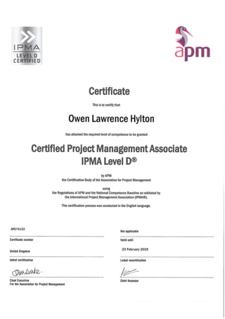 Owen Hylton's APMP certificate Reference No. AP074153