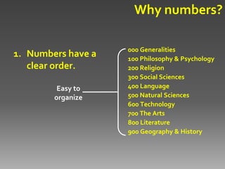 Why numbers?

                    000 Generalities
1. Numbers have a   100 Philosophy & Psychology
   clear order.     200 Religion
                    300 Social Sciences
         Easy to    400 Language
        organize    500 Natural Sciences
                    600 Technology
                    700 The Arts
                    800 Literature
                    900 Geography & History
 