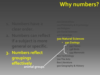 Why numbers?

                          000 Generalities
1. Numbers have a         100 Philosophy & Psychology
   clear order.           200 Religion
                          300 Social Sciences
2. Numbers can reflect    400 Language
                          500 Natural Sciences
   if a subject is more       • 590 Zoology
   general or specific.            • 597 Fishes
                                   • 598 Birds
3. Numbers reflect                 • 599 Mammals
                          600 Technology
   groupings              700 The Arts
   effectively            800 Literature
                          900 Geography & History
         animal groups
 