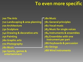 To even more specific

700 The Arts                      780 Music
710 Landscaping & area planning   781 General principles
720 Architecture                  782 Vocal music
730 Sculpture                     783 Music for single voices
740 Drawing & decorative arts     784 Instruments & ensembles
750 Painting                      785 Ensembles with one
760 Graphic arts                   instrument per part
770 Photography                   786 Keyboards & percussion
780 Music                         787 Strings
790 Sports, games &               788 Wind instruments
  entertainment
 