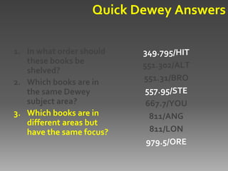 Quick Dewey Answers

1. In what order should   349.795/HIT
   these books be         551.302/ALT
   shelved?
2. Which books are in     551.31/BRO
   the same Dewey          557.95/STE
   subject area?           667.7/YOU
3. Which books are in       811/ANG
   different areas but
   have the same focus?     811/LON
                           979.5/ORE
 